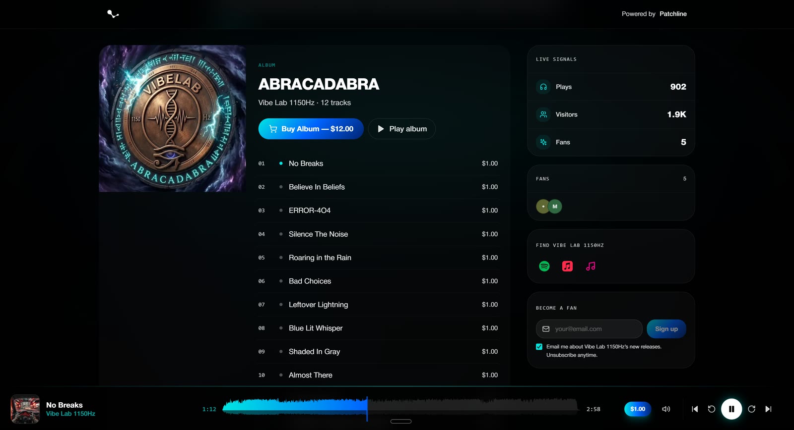 A Patchline storefront with players, live signals, and direct checkout